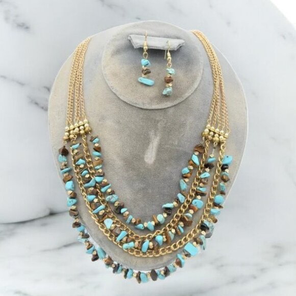 NWOT Cruise Club Turquoise & Tiger Eye Necklace & Earring Set - Picture 3 of 5